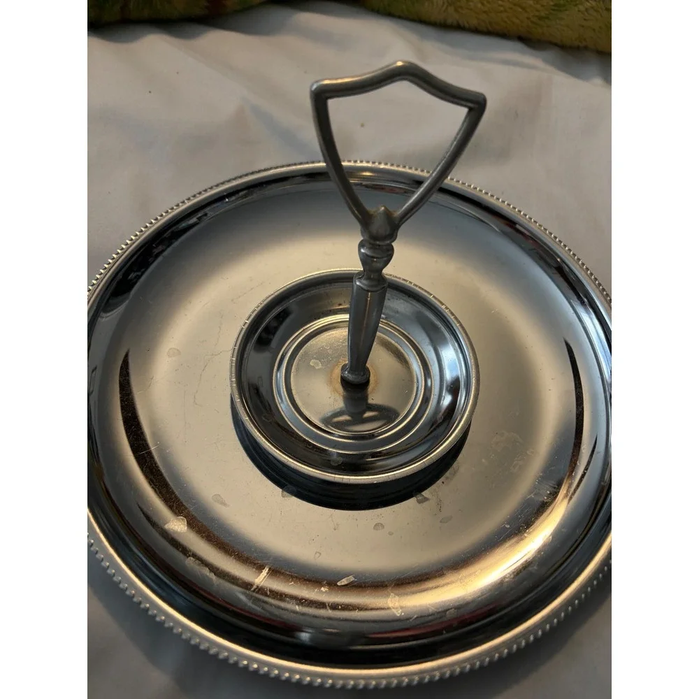 2-Tier Chrome Dessert Stand Beaded Rim Center Handle Silver Arrives Disassembled